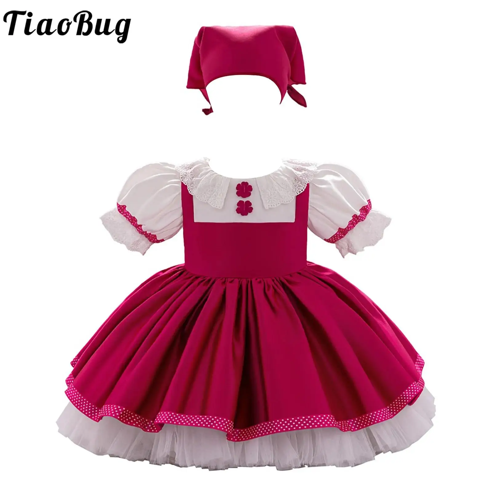 

Baby Girls Princess Ballerina Tutu Dress Short Puff Sleeves Ruffled Dresses with Hat Theme Party Cosplay Performance Costume
