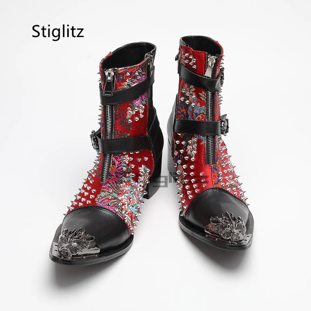 Embroidery Rivet Men's Chelsea Boots Metal Buckle Iron Pointed Toe Genuine Leather Patchwork Ankle Boots High Heels Male Shoes