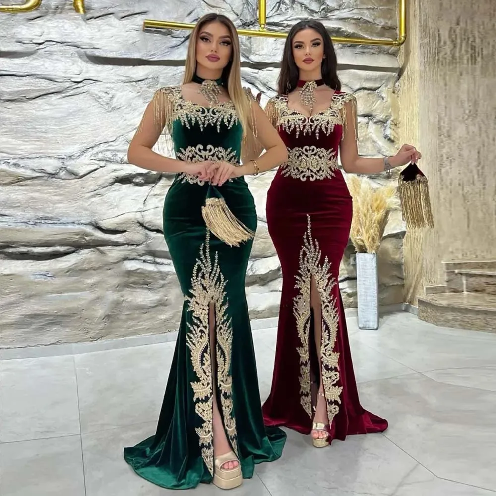 2023 High Neck Velvet Caftan Evening Dresses Arabic Mermaid Gold Embroidery Lace Party Dress Karakou Algerien Prom Gowns Robes