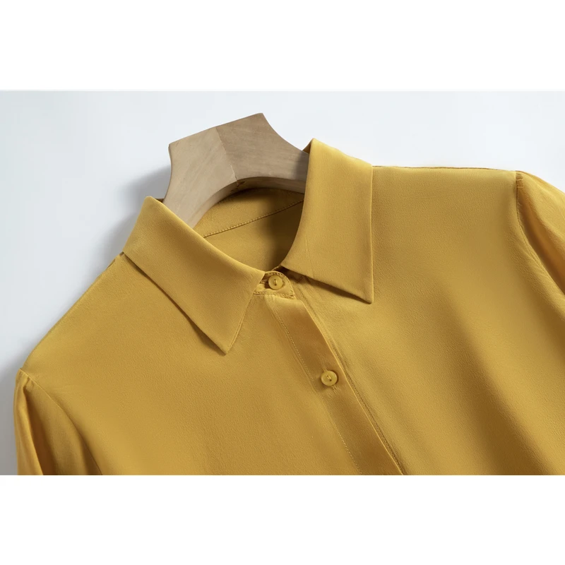 100% Natural Mulberry Silk Crepe De Chine Turn-Down Collar Yellow OL Style Versatile Commuter Women\'s Autumn Long Sleeved Shirt