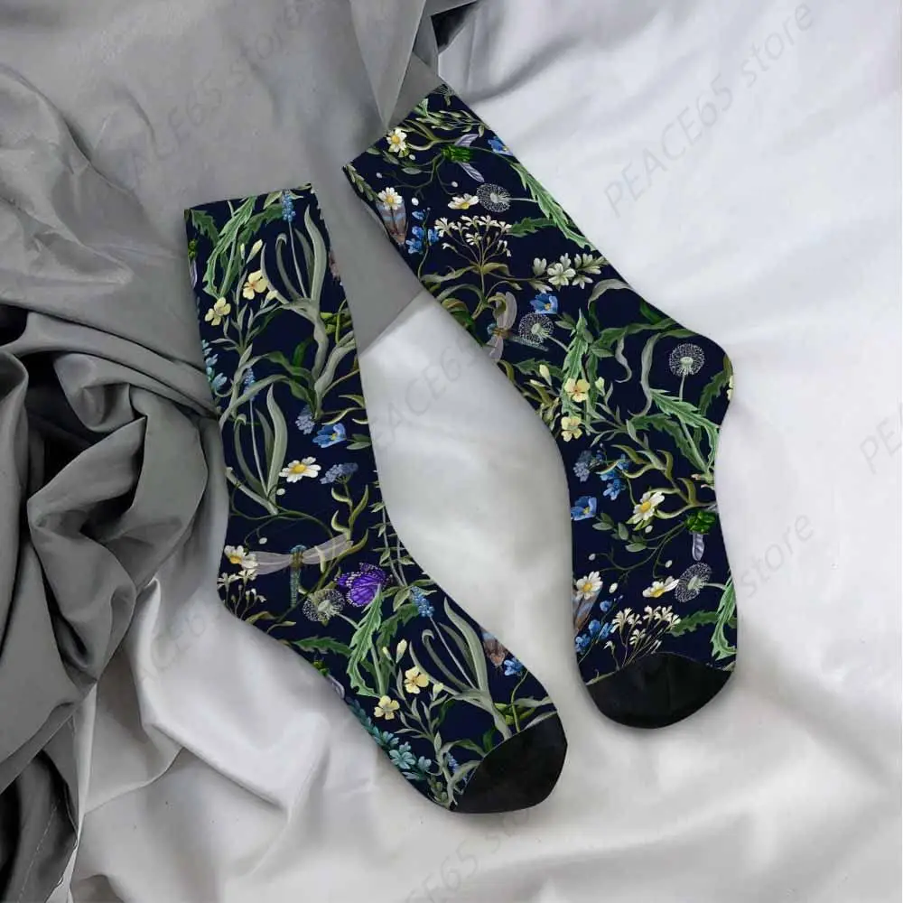 Unisex Socks Wild Flowers And Bugs Funny Socks Night Garden Dragonfly Gifts For Women Mens Novelty Crew Socks