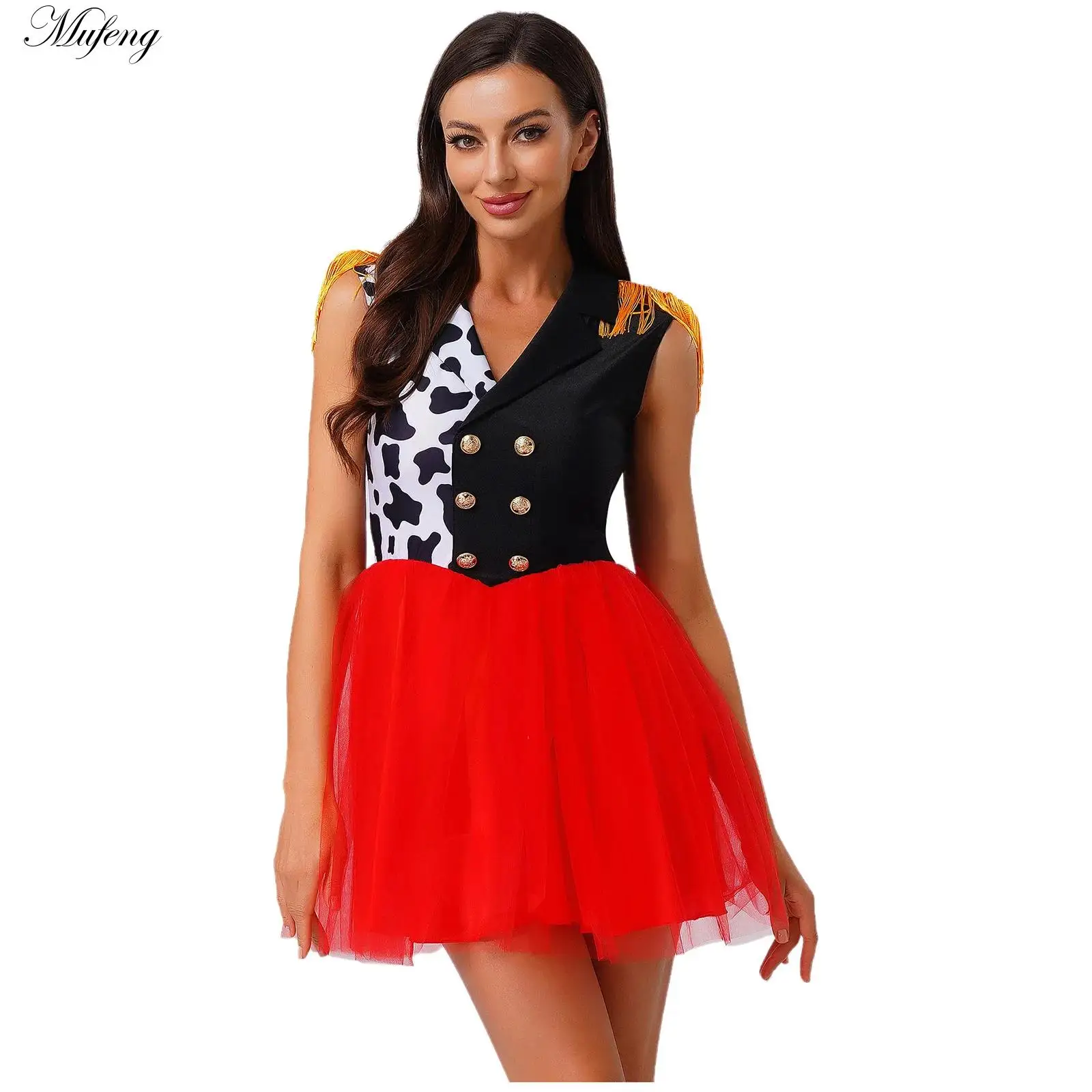 

Женский костюм циркового манежа на Хэллоуин, тюлевое платье без рукавов с кисточками для тематической вечеринки, дилматинский убийца, клоун, ролевая игра