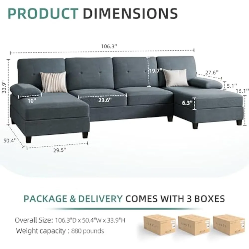 Sectional Sofa Couches for Living Room, Living Room Furniture Sets Clearance, 4 Seat U Shaped Sofa Sectional Couch with Chaise