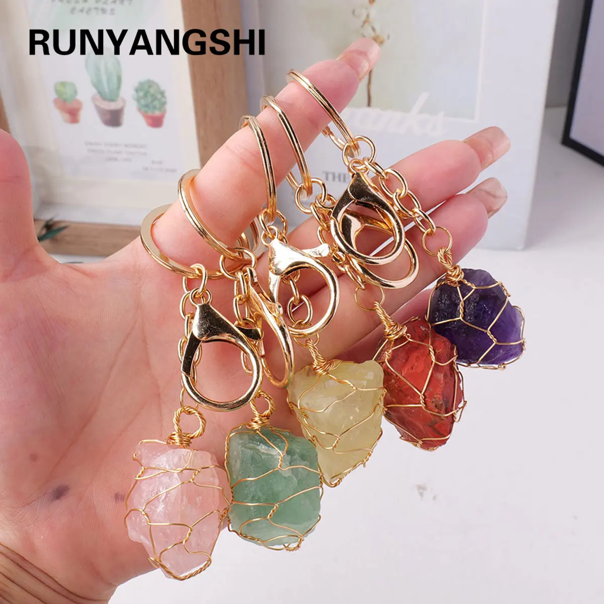 1PC Natural Gem Stone Keychains Clear Quartz Rough Stone Amethyst Key Chain For DIY Car Key Rings Chains