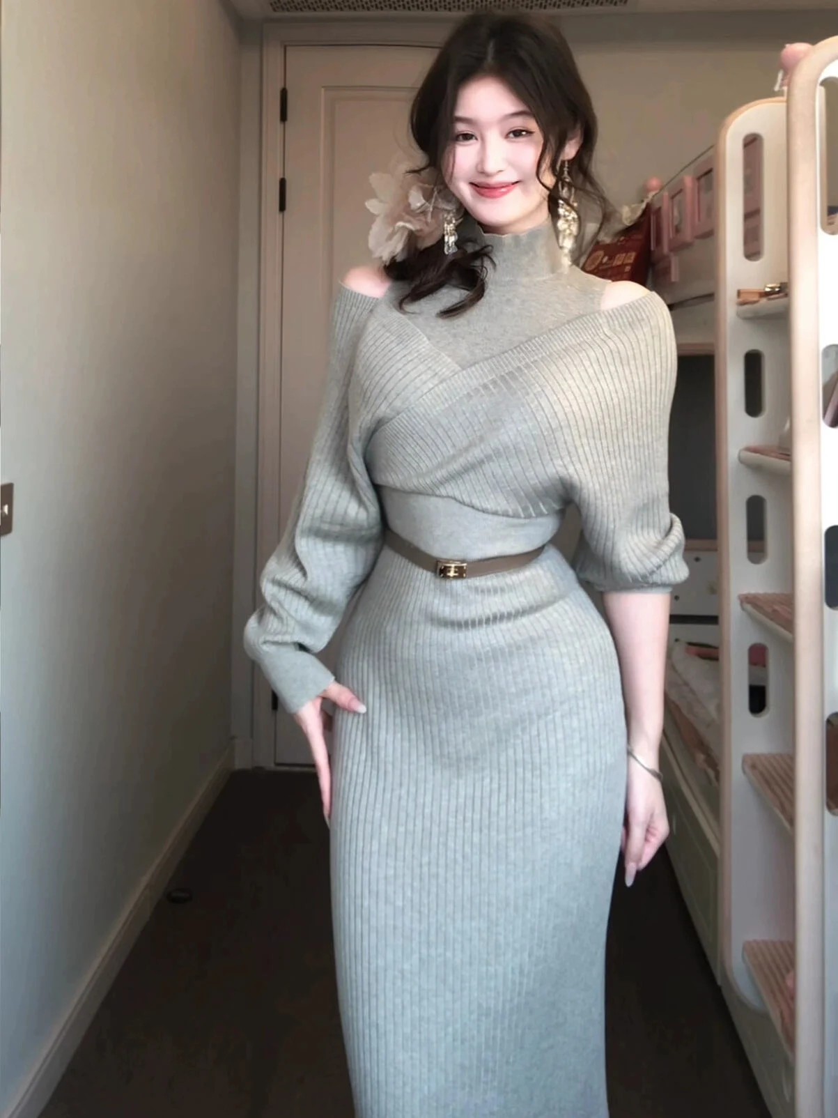 

Женское зимнее облегающее платье XZY Slim Fit с длинным рукавом и открытыми плечами, больших размеров, с эффектом утяжки талии