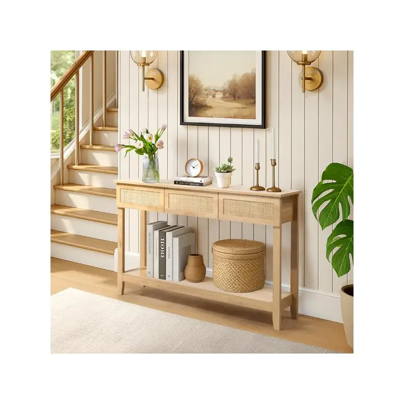 Boho Rattan Console Table with 3 Drawers and Open Shelf, Narrow Entryway Sofa Table for Hallway or Foyer, Natural Wood Finish
