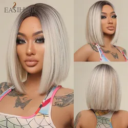 EASIHAIR krótki prosto Ombre Platinum syntetyczne blond peruki brązowy szary popiół peruka w stylu Bob dla kobiet codziennie Cosplay żaroodporne