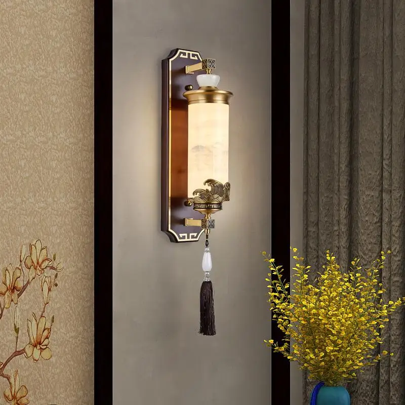 New Chinese Style All Copper Walnut Jade Wall Lamps Living Room Background Wall Hallway Bedroom Zen Spirit LED Sconces Luminaire