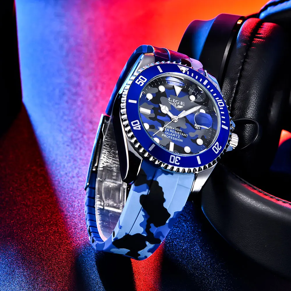 LIGE Man Watch Fashion Sport Quartz Watches for Men 3Bar Waterproof Luminous Date Clock Military Casual Silicone Wristwatch+Box