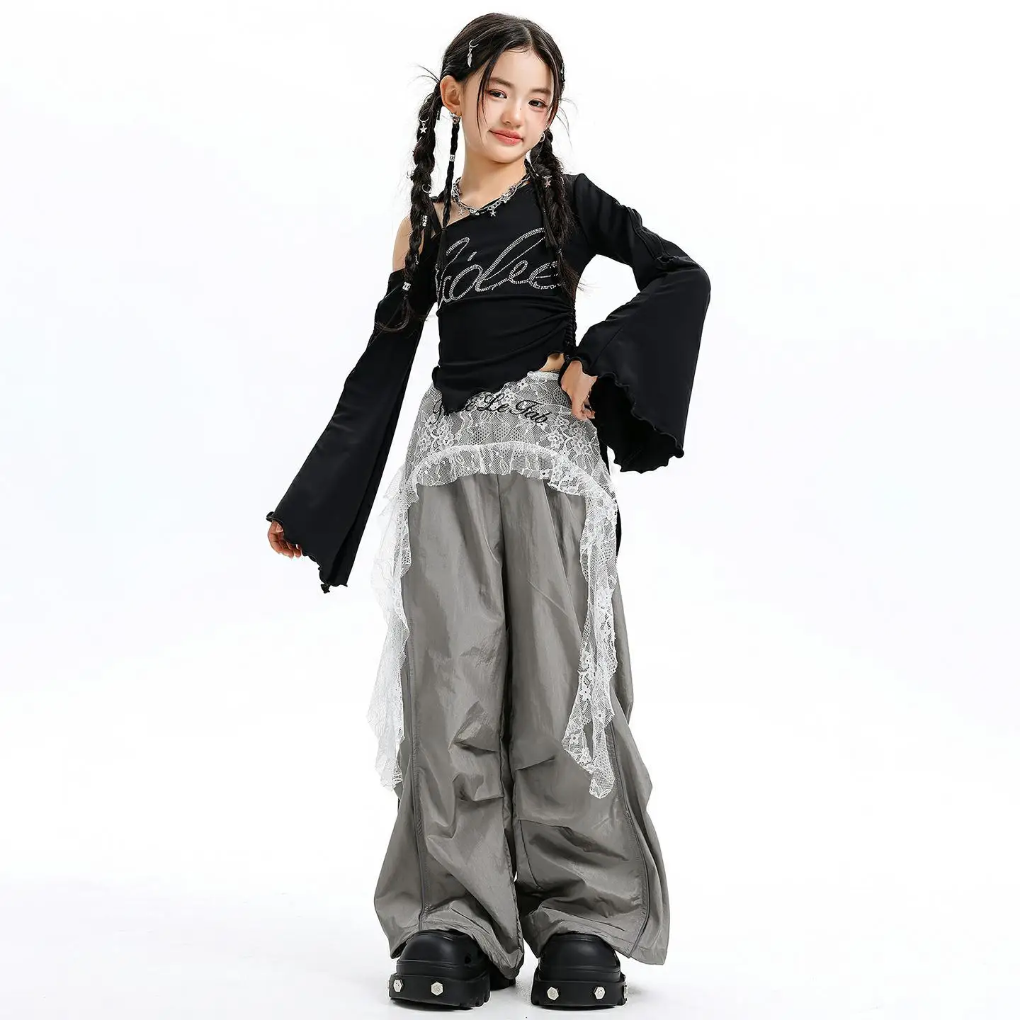 

Kid Kpop Hip Hop Clothing One Shoulder Drawstring T Shirt Gray Casual Wide Leg Seam Pants for Girls Jazz Dance Costumes Clothes