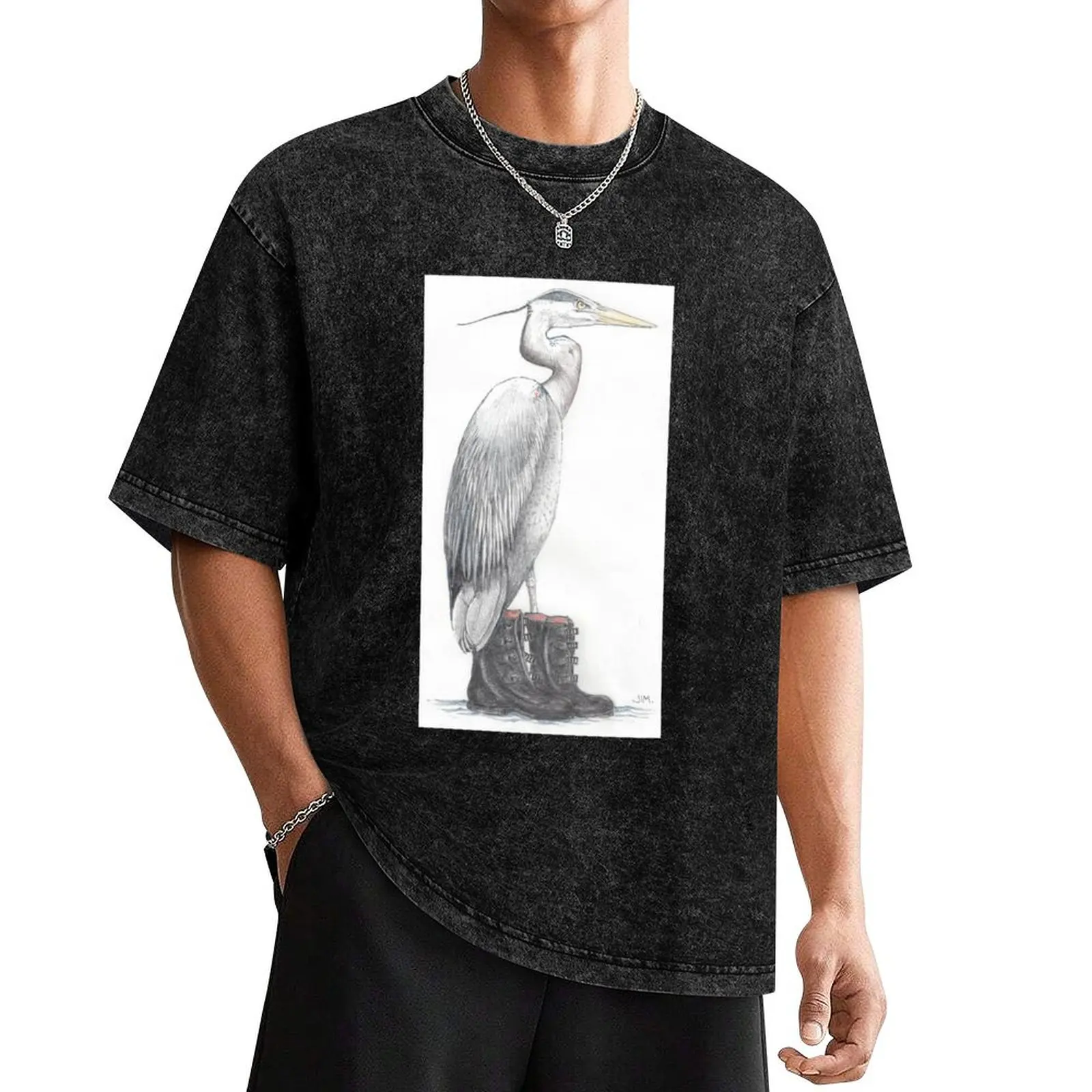 

Great blue heron in galoshes T-Shirt anime figures vintage graphic tee for a boy anime plus size men clothing