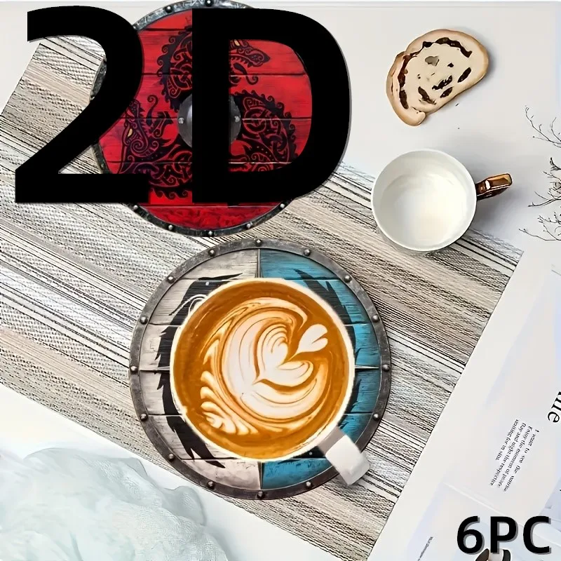 6 Pieces 2D Wooden Coasters Viking Warrior Shield Pattern Theme Desktop Heat Mats Home Decor Coffee Mug Coasters For Office