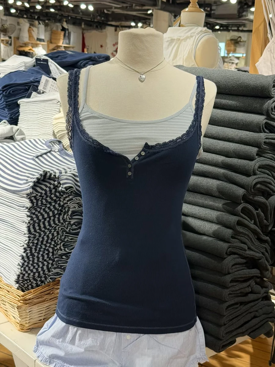 Four Buttons Navy Tank Top Woman Summer Lace Trim Ribbed Cotton Slim Camisole American Vintage Solid Simple Basic Camis Tops