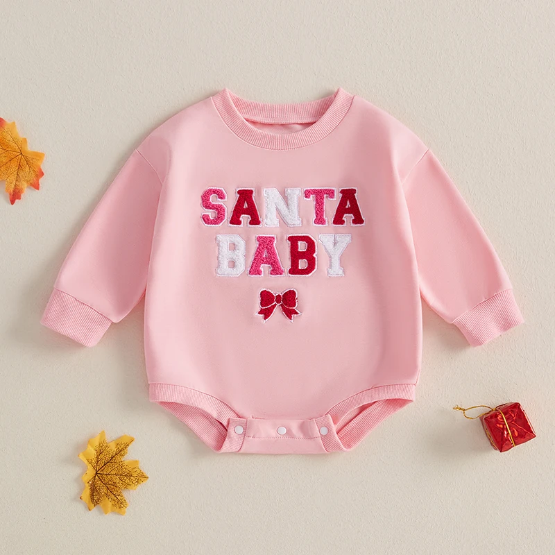 Baby Girls Christmas Sweatshirt Romper Letter Bow Embroidery Bubble Long Sleeve Jumpsuits Newborn Toddler Bodysuits Xmas Clothes