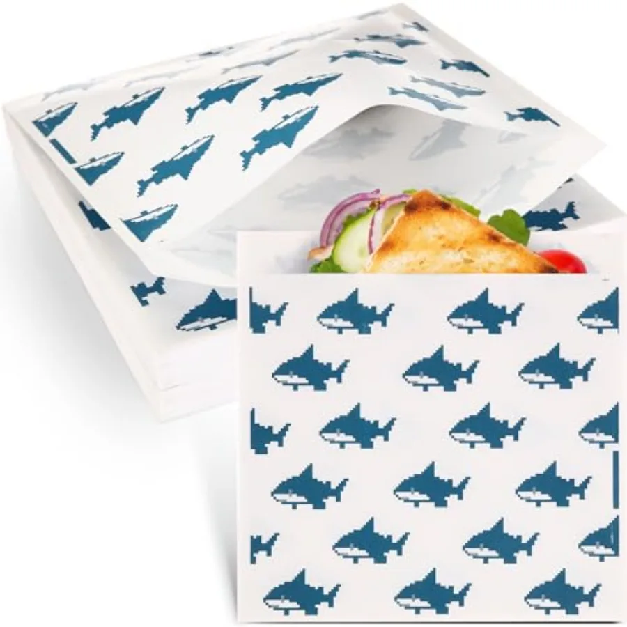 

200 Pcs Paper Sandwich Bags with Shark Design 8 x 8 Inch Food Storage Lunch Bags for Family Use Recyclable and Grease Resistant