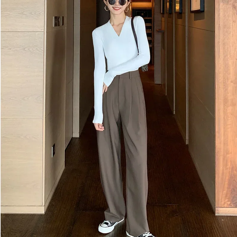 

Brown Loose Summer Women's Suit Pants Wide Leg Brown Fluid High Waist Casual Dress Pants Ice Silk Straight Female Trousers Z957