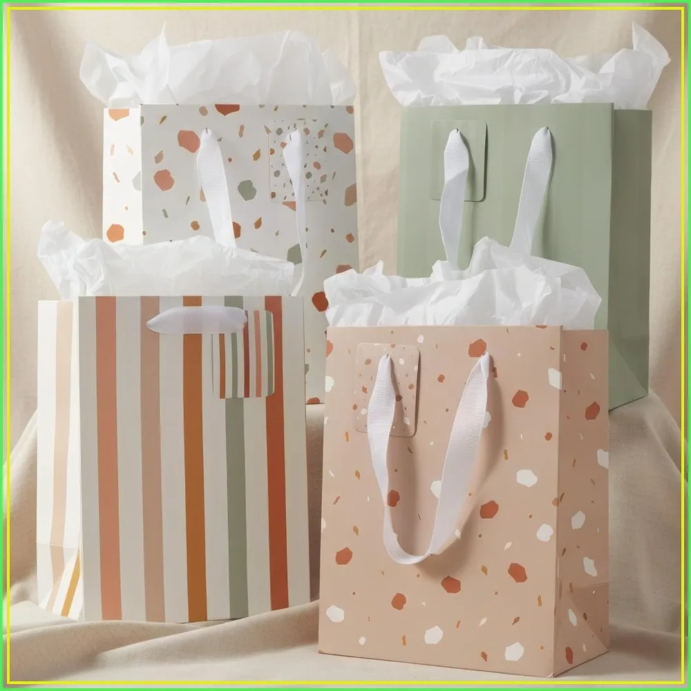 4 Pack Reusable Gift Bags with Handles, Tissue Paper, Cards & Stickers - Medium 9" for Weddings, Mother's Day & More