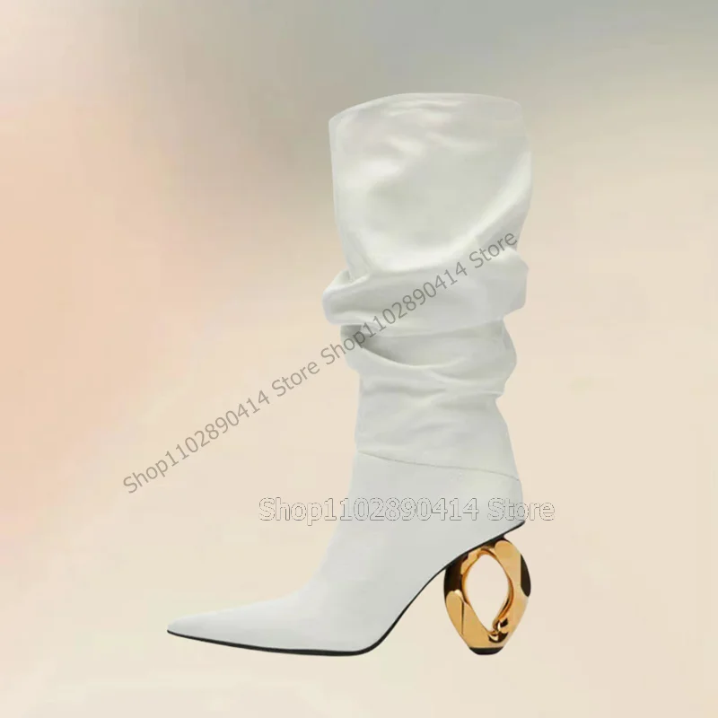 

White Pleated Design Strange Style Heels Boots Slip On Women Shoes Pointed Toe Novel Fashion Banquet 2024 Zapatos Para Mujere