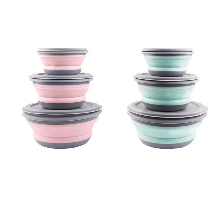 3pcs/Set Silicone Foldable Lunch Box Food Storage Container Cup Outdoor Travel Picnic Utensils Portable Folding Bowl With Lid