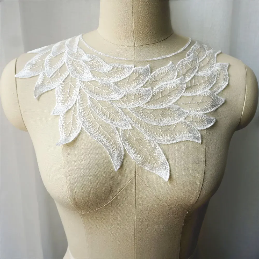 Black White Beige Feather Leaf Lace Fabric Collar Embroidered Appliques Vintage Mesh Sew Patch For Wedding Evening Dress DIY