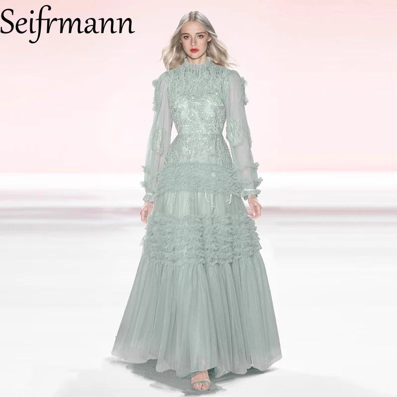 Seifrmann – robe lanterne à col rond pour femmes, nouvelle mode, manches longues, perles scintillantes, taille brodée, printemps 2026 ﻿