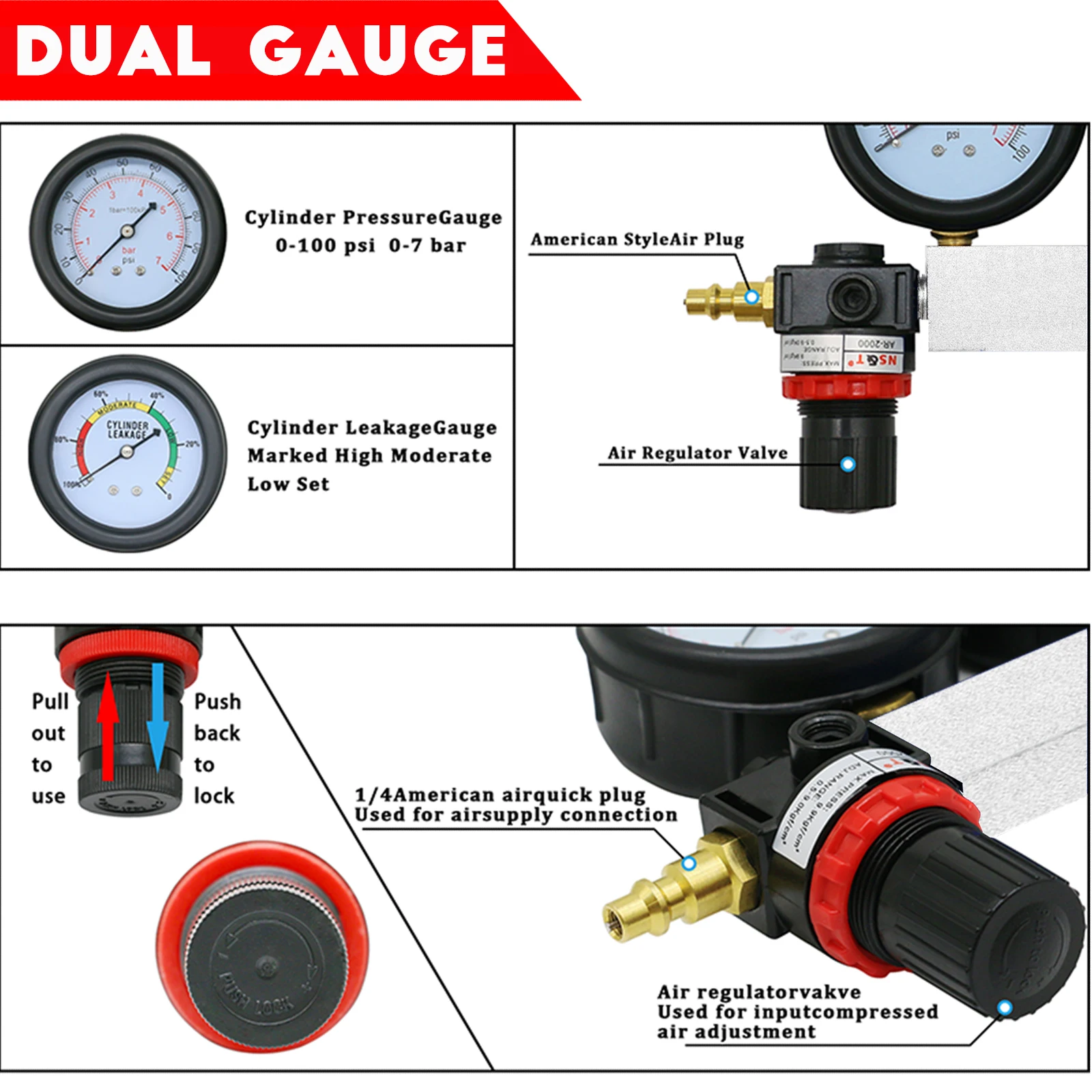 Multi-Function Cylinder Leak Down Tester Automotive Kit Gasoline Engine Compression Tester Dual Gauge Leakdown Detector Tool Set