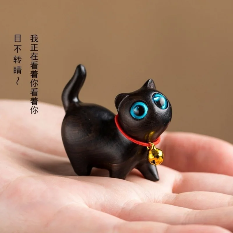 Green Sandalwood Carved Cute Kitten Hippo Figurine Mini Wooden Wenwan Hand Play Craft Birthday Gift Desktop Collectible Ornament