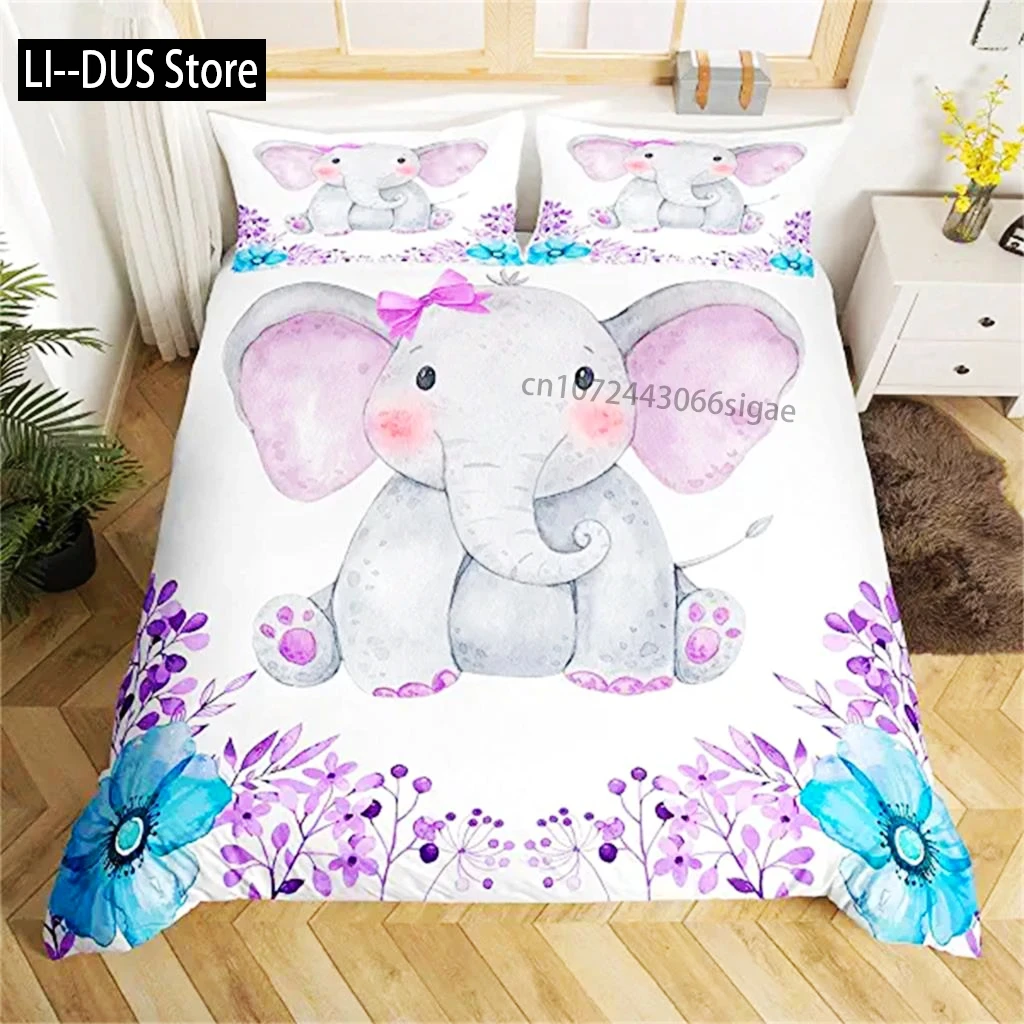 

Duvet Cover Cartoon Elephant Cute Animal Girls Boys Kawaii Room Decor Flower Branches Duvet Cover Cartoon Elephant Purple Blue