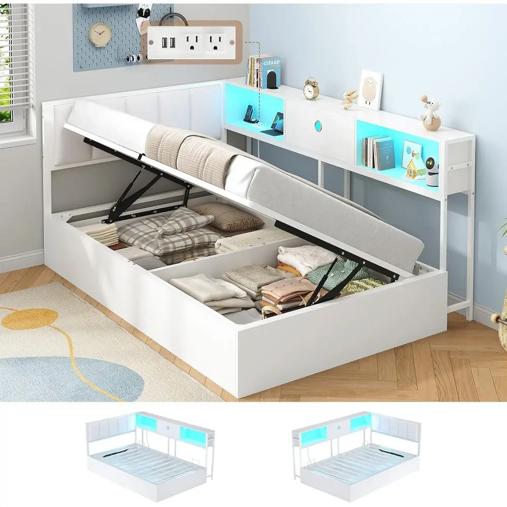 

Двуспальная кровать с мягкой обивкой, светодиодной подсветкой, зарядной станцией и книжным шкафом, белая