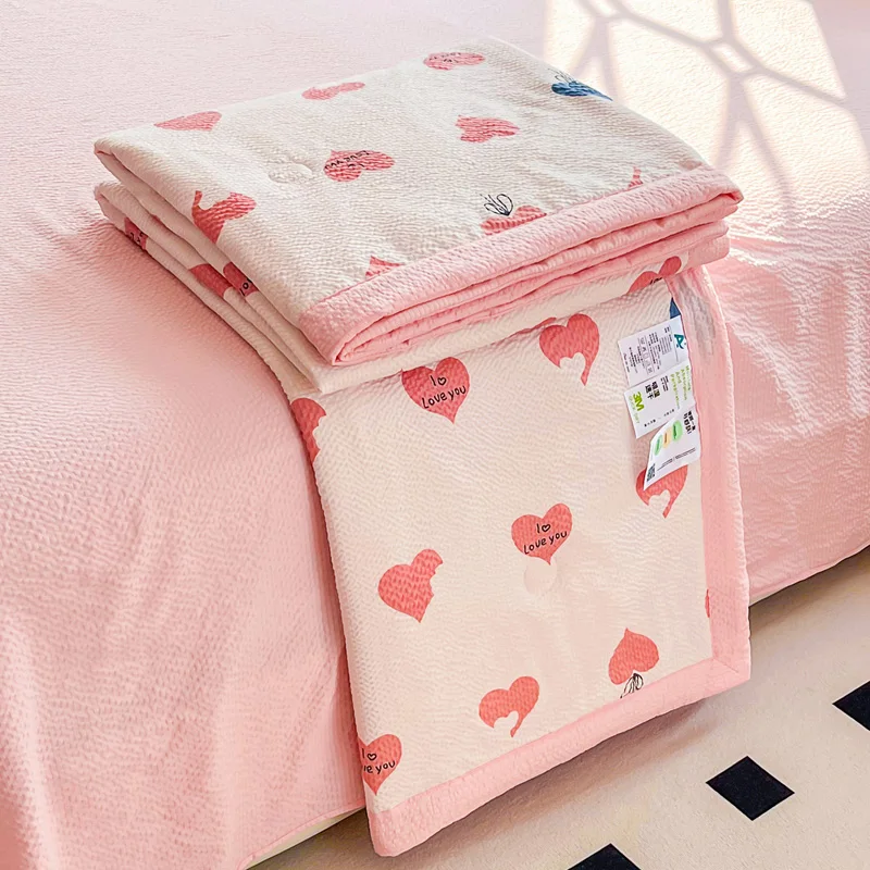 Cute Pink Love Hearts Seersucker Summer Quilt for Bare Sleeping Quilted Summer Blanket Airable Bed Cover Air Conditioner Quilts