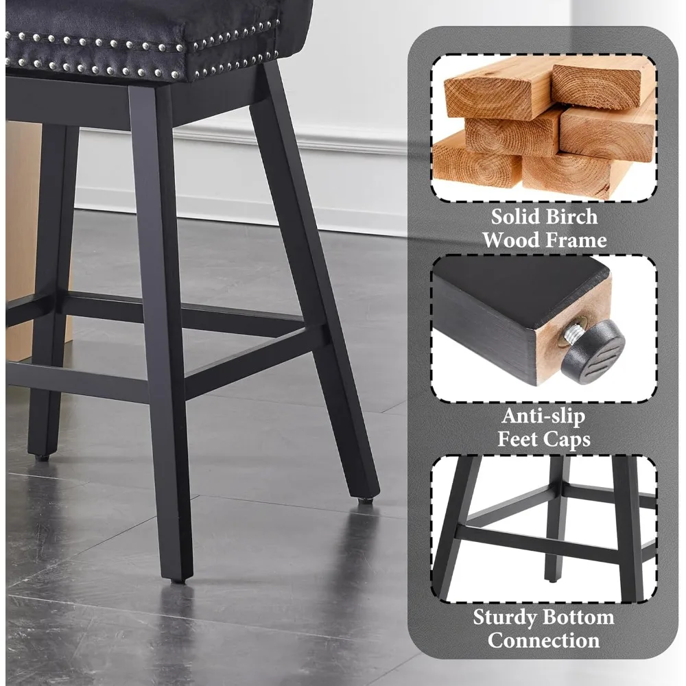 360 °   Taburetes de bar tapizados de terciopelo giratorios con respaldos, sillas de altura de mostrador de madera maciza