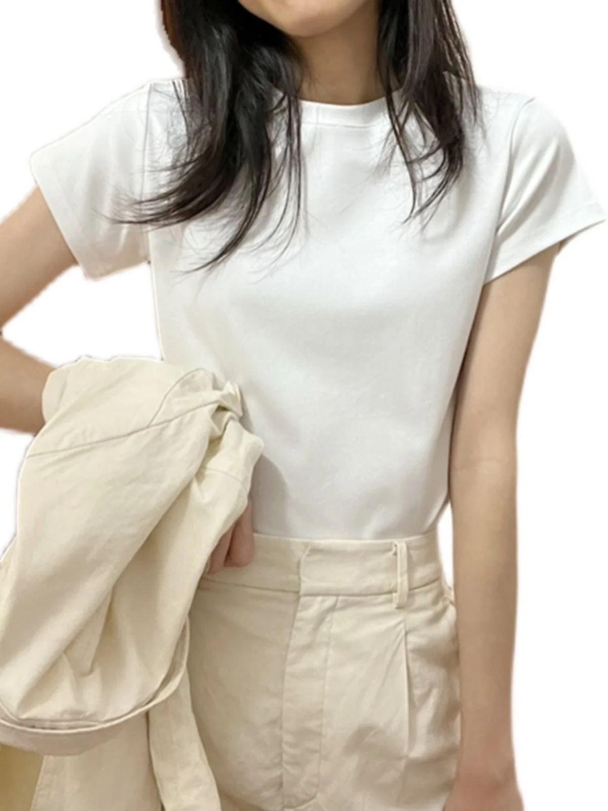 Slim Fit Basic Shoulder Short Sleeve Women's T-shirt Summer New Design Pure Desire Versatile Pure Cotton Korean Style Top