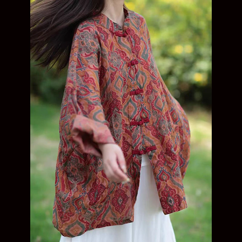 春夏中国風の女性長袖ルーズブラウスコート良質ラミーシングルブレストプリントヴィンテージシャツ TJ44