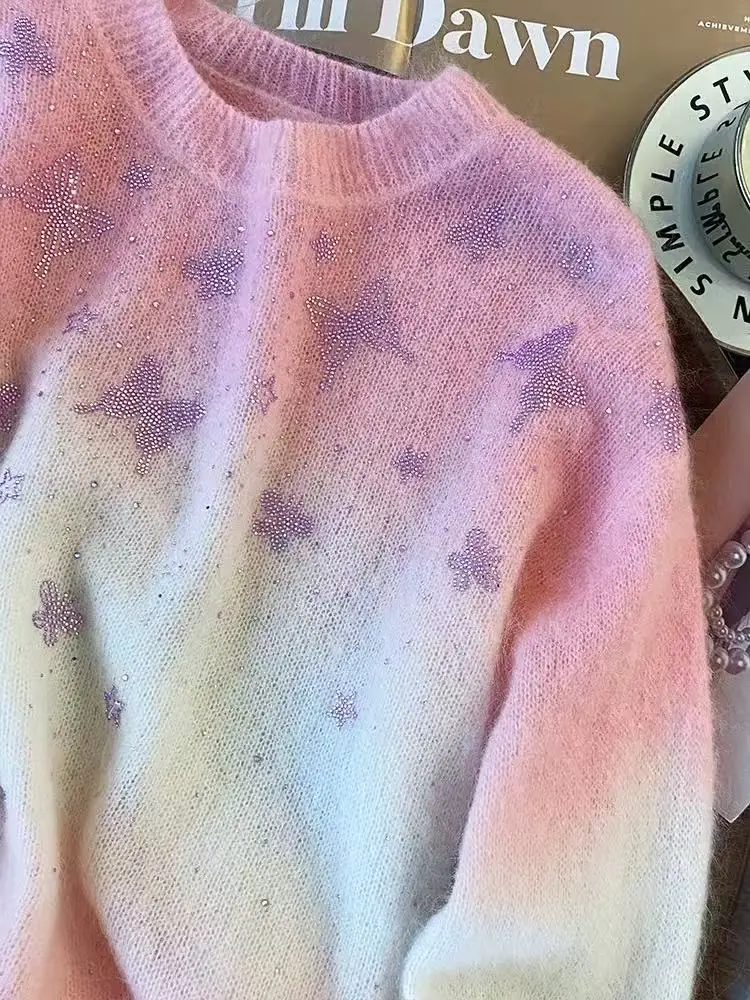 سترة وردية متدرجة للنساء سترات خريف وشتاء موضة جديدة رقبة مستديرة تريكو علوية بأكمام طويلة بلوفرات محبوكة #3