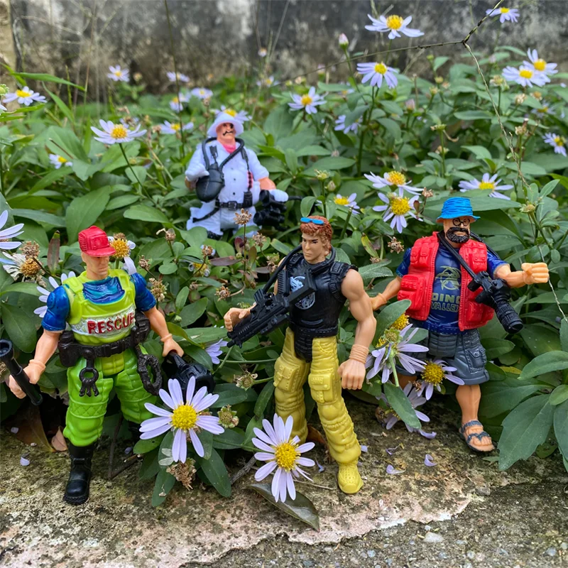 4 pièces 4 pouces pompiers Explorer chasseur aventurier Police hommes soldat figurines d'action Playset jouet avec outils pour enfants garçon enfant cadeau