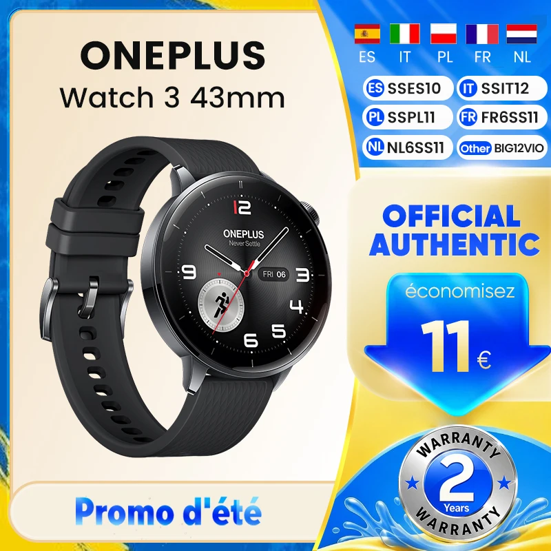 Version globale de la montre connectée OnePlus Watch 3, 43 mm, écran AMOLED de 1,32 pouce, processeur Snapdragon W5, GPS double fréquence, Wear OS