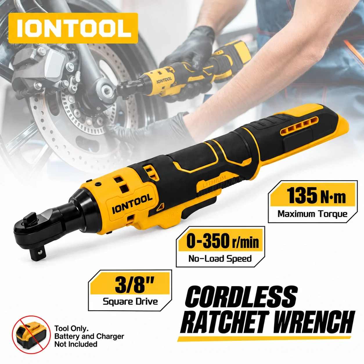 IONTOOL Yellow Cordless Ratchet Wrench 120W For Motorcycle Engine Repair and Sprocket Nut Removal and Chain Fixing and Wheel Fix