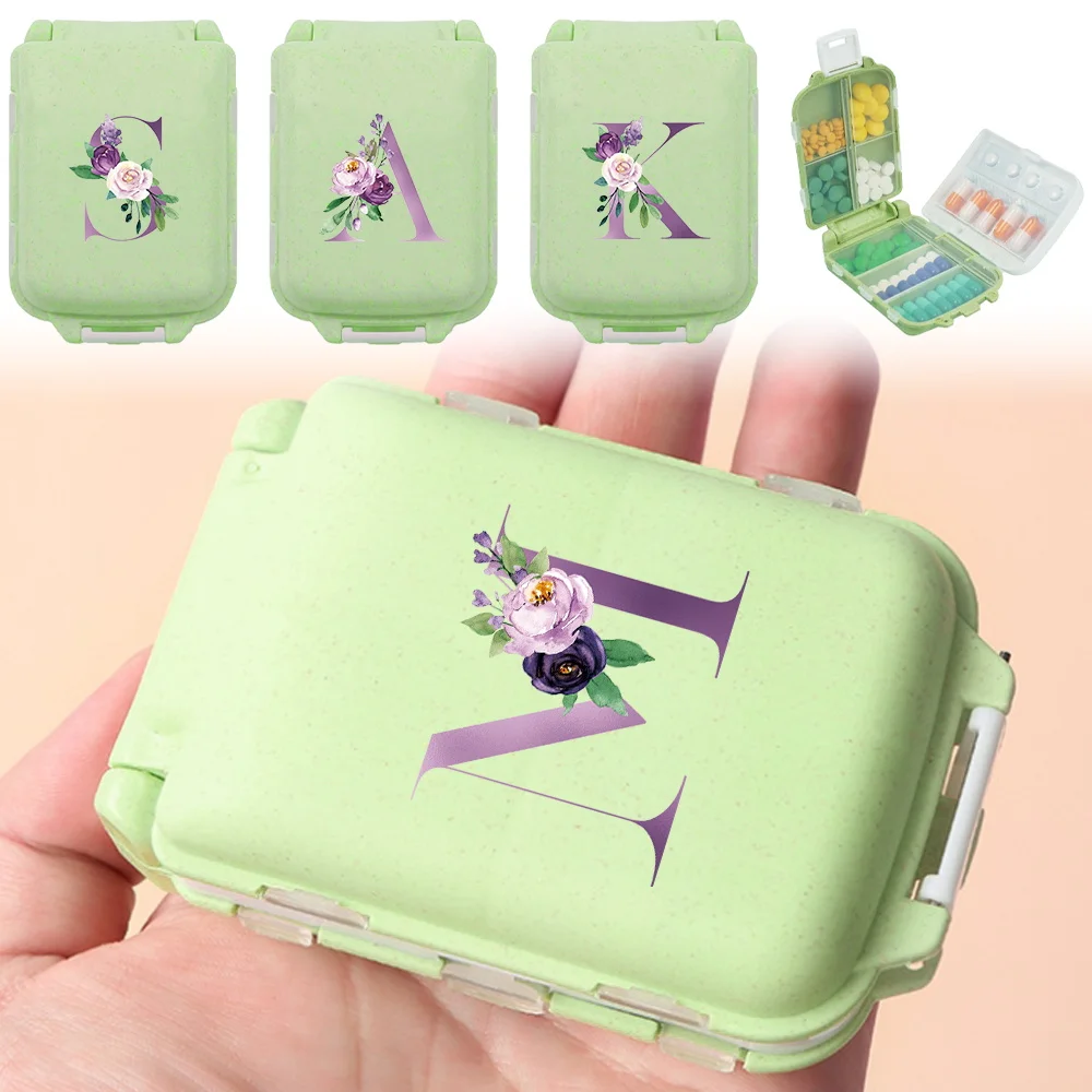 1Pc Portable Mini Pill Box Vitamin Pills Box Purple Letter Pattern Series Pill Container Health Travel Supplies Storage Boxes