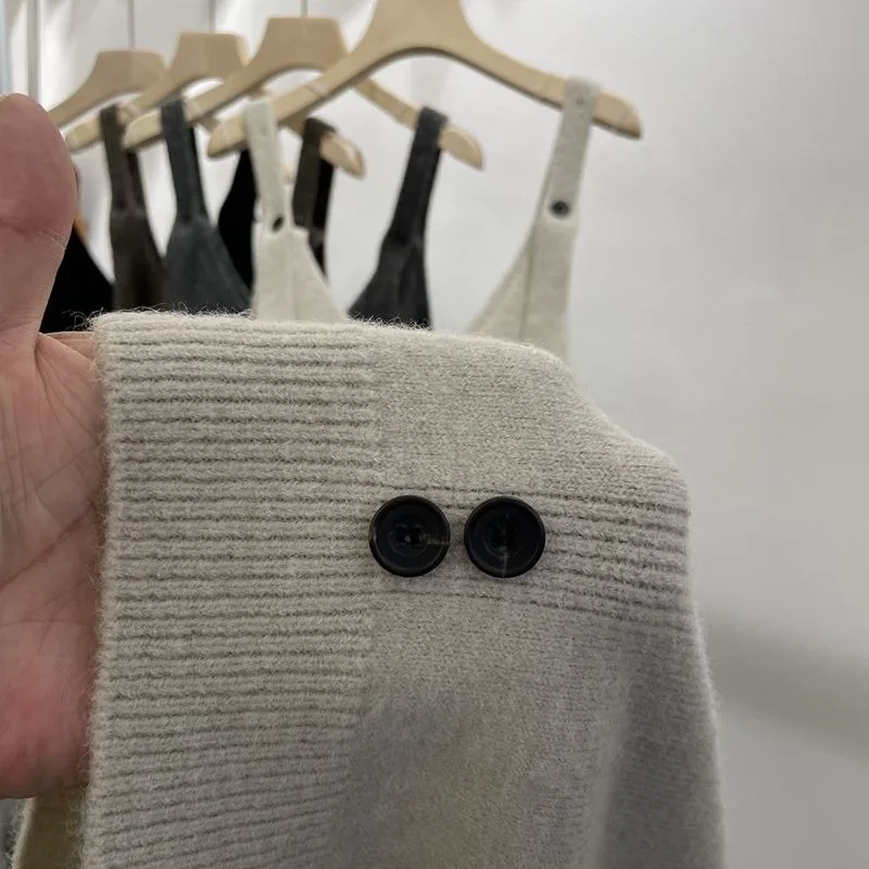 Vestidos femininos outono sem mangas de malha botão design sólido all-match camadas coreano elegante atraente minimalista diariamente