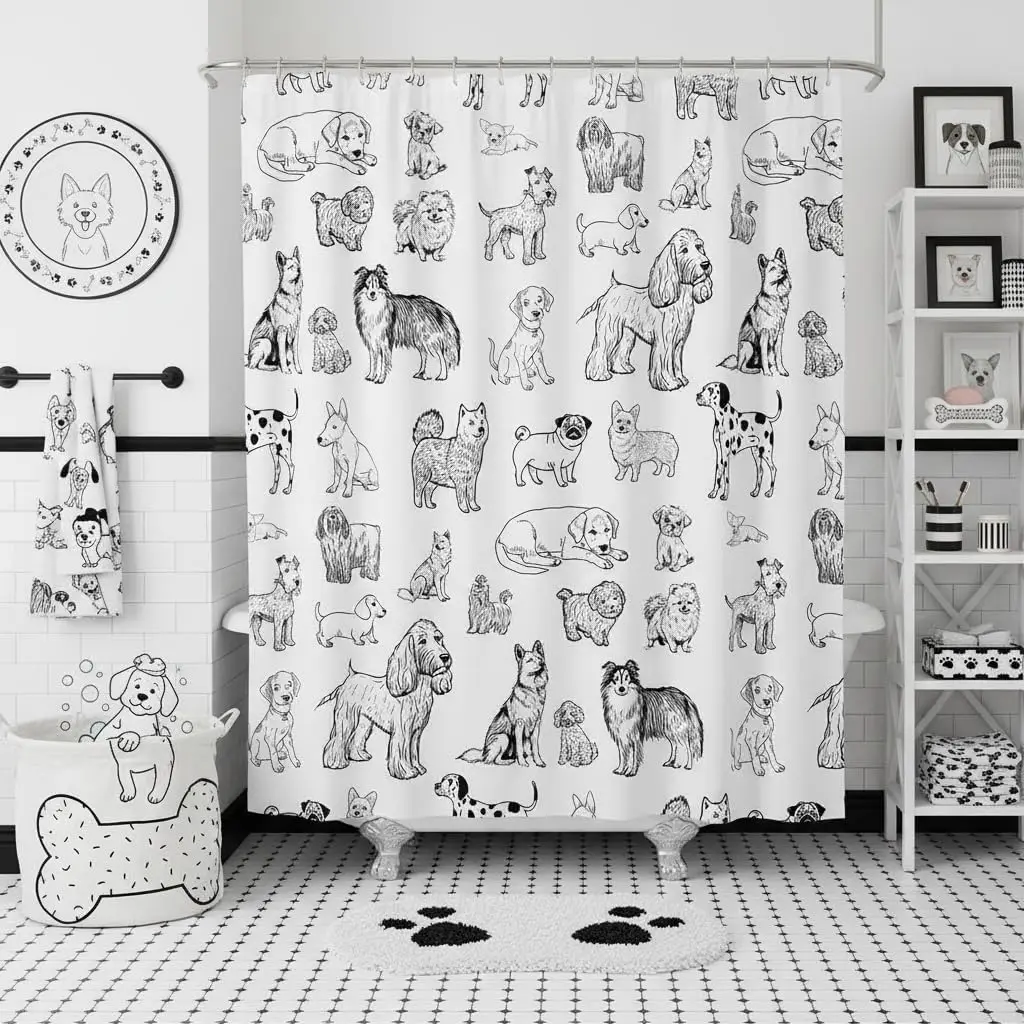 Dog Pattern Shower Curtain Polyester Waterproof Bathroom Decor Cute Puppy Print Funny Canine Shower Liner Home Accessories Gift
