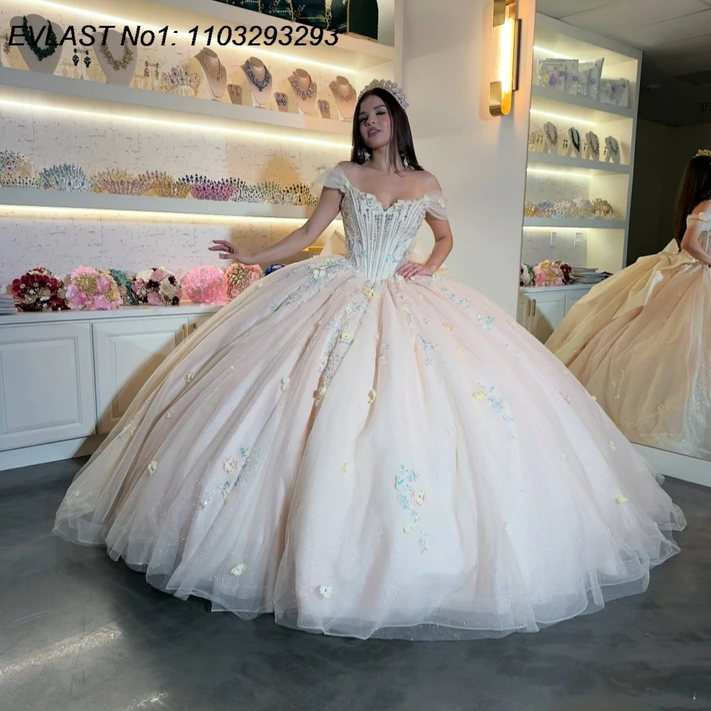 

EVLAST Индивидуальное блестящее розовое бальное платье Quinceanera Платье с 3D цветочной аппликацией и бисером с большим бантом Sweet 16, Vestidos De 15 Anos E1QN227