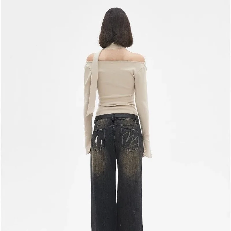 

Осенняя женская футболка с длинным рукавом с принтом Tie Dye Y2k, эстетический облегающий укороченный топ со складками, винтажные готические футболки с разрезом на шее