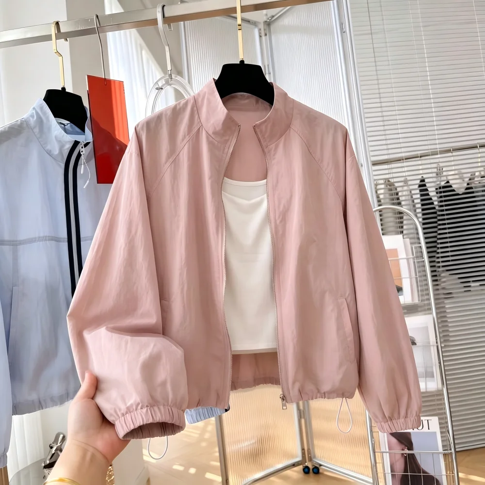 

Women's Summer 2026 New Lazy Style Casual Fashion Thin Stand Collar Sun Protection Coat Long Sleeve Zipper Closure Polyester