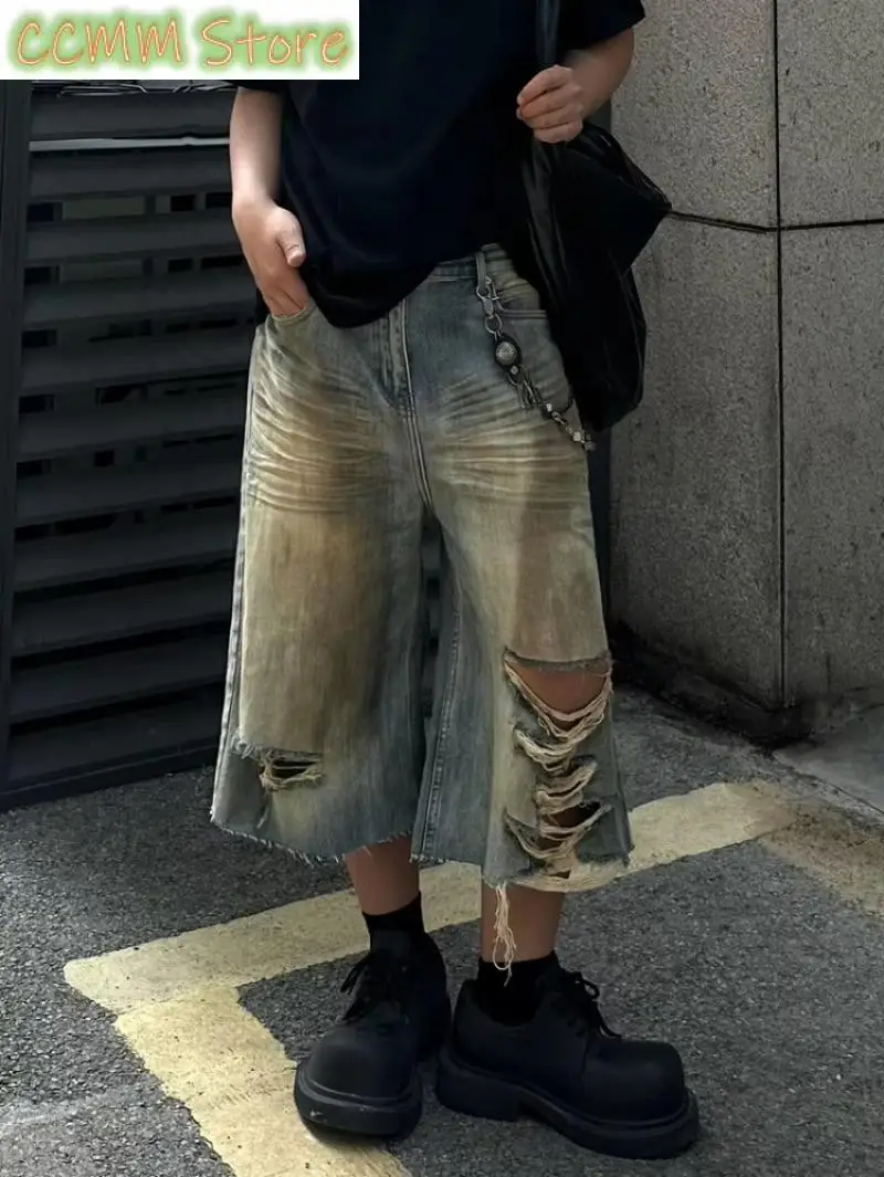 

Women's Cat Scratch Marks Wide Leg Baggy Calf-length Denim Shorts Female High Waist Loose Shorts Summer Fashion Punk Shorts