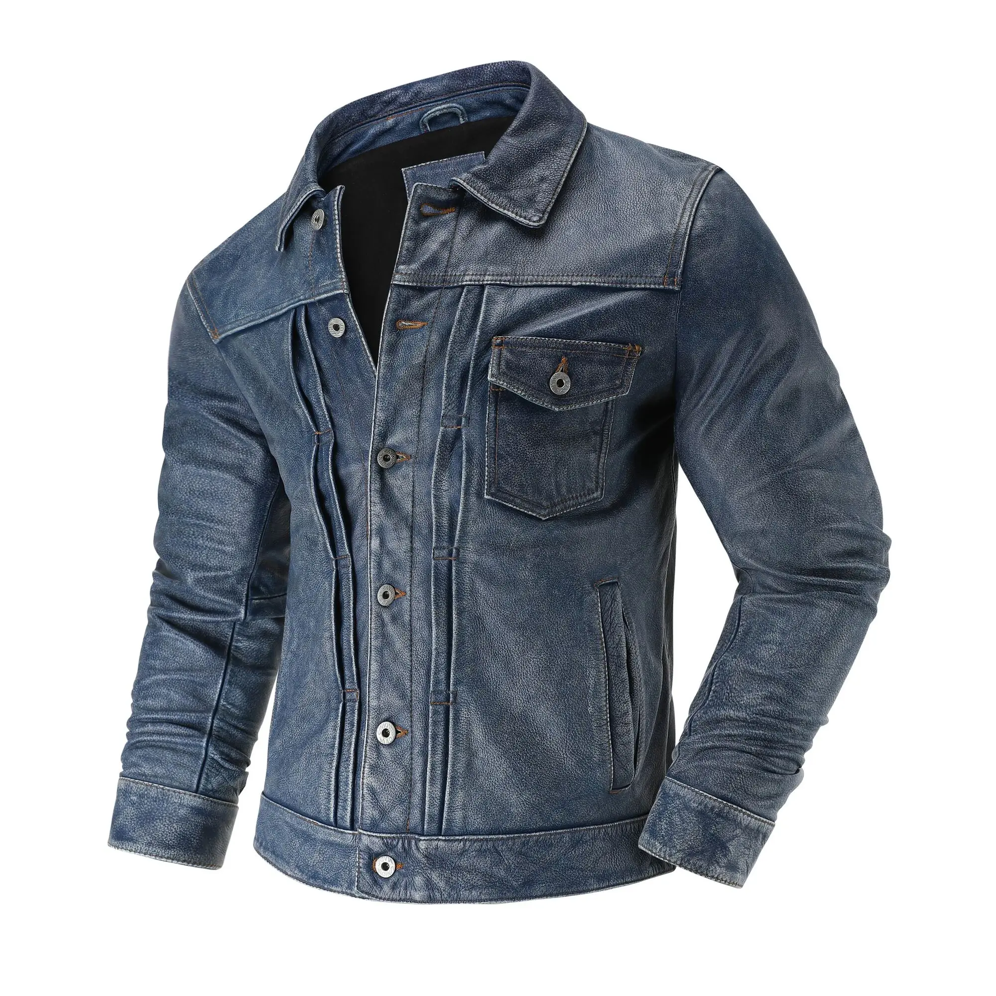 

American Casual Top Layer Cowhide Leather Jacket Denim Blue Retro Graphite Distressed Motorcycle Leather Jacket Men's Short