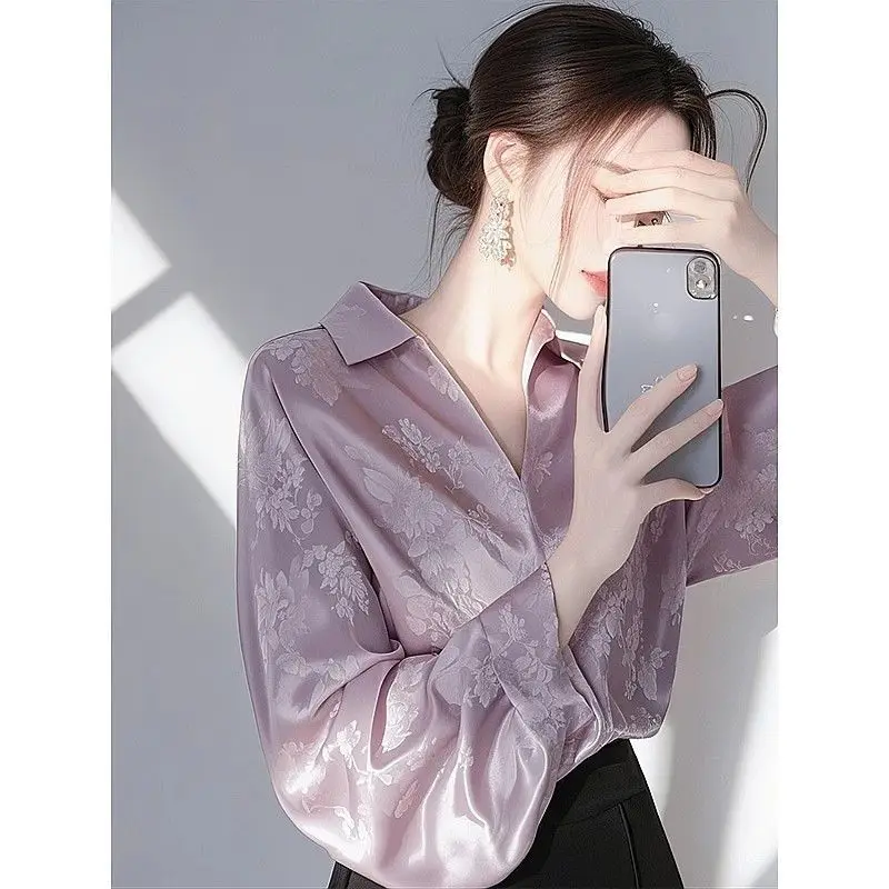 

2025 Purple Satin Jacquard Shirt Women's Autumn New French Long Sleeve Versatile Retro Top