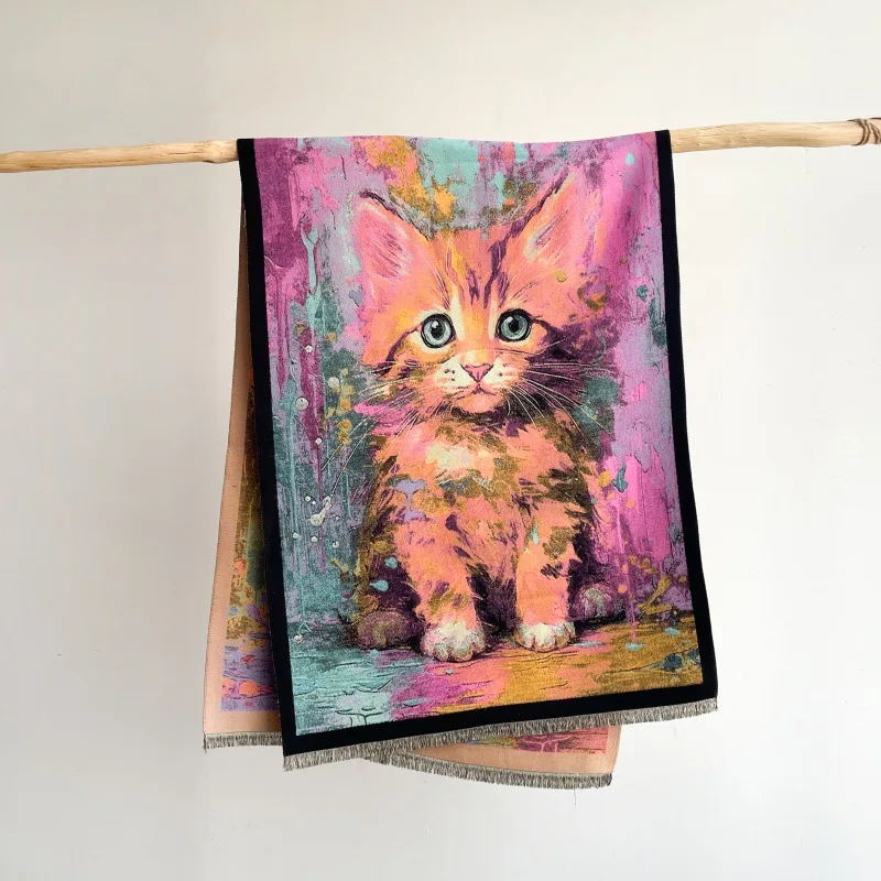 Gato de dibujos animados colorido para mujer, Bufanda larga gruesa y cálida con pintura al óleo de lujo para invierno, chal y chales de Cachemira, Pashmina, 2024