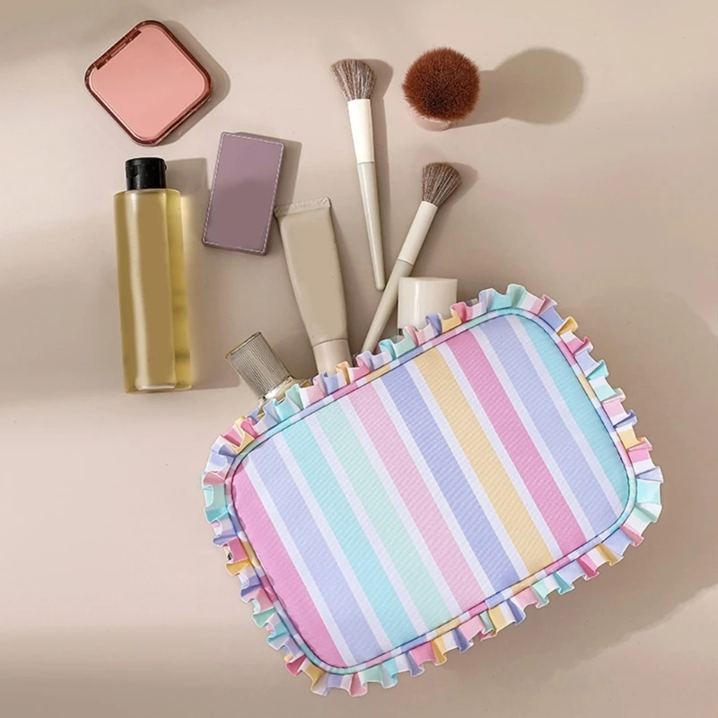 X5XA Travel Makeup with Ruffled Trim and Striped Pattern, Enclosed Cosmetic and Toiletry Storage with Zipper