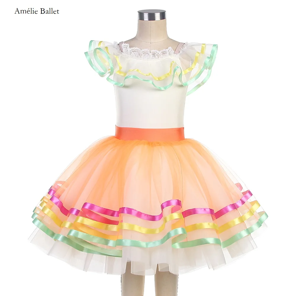 24010 Off the Shoulder Ivory Spandex Top Bodice with Orange & Ivory Tulle Kid Ballet Tutu Small Dance Costumes