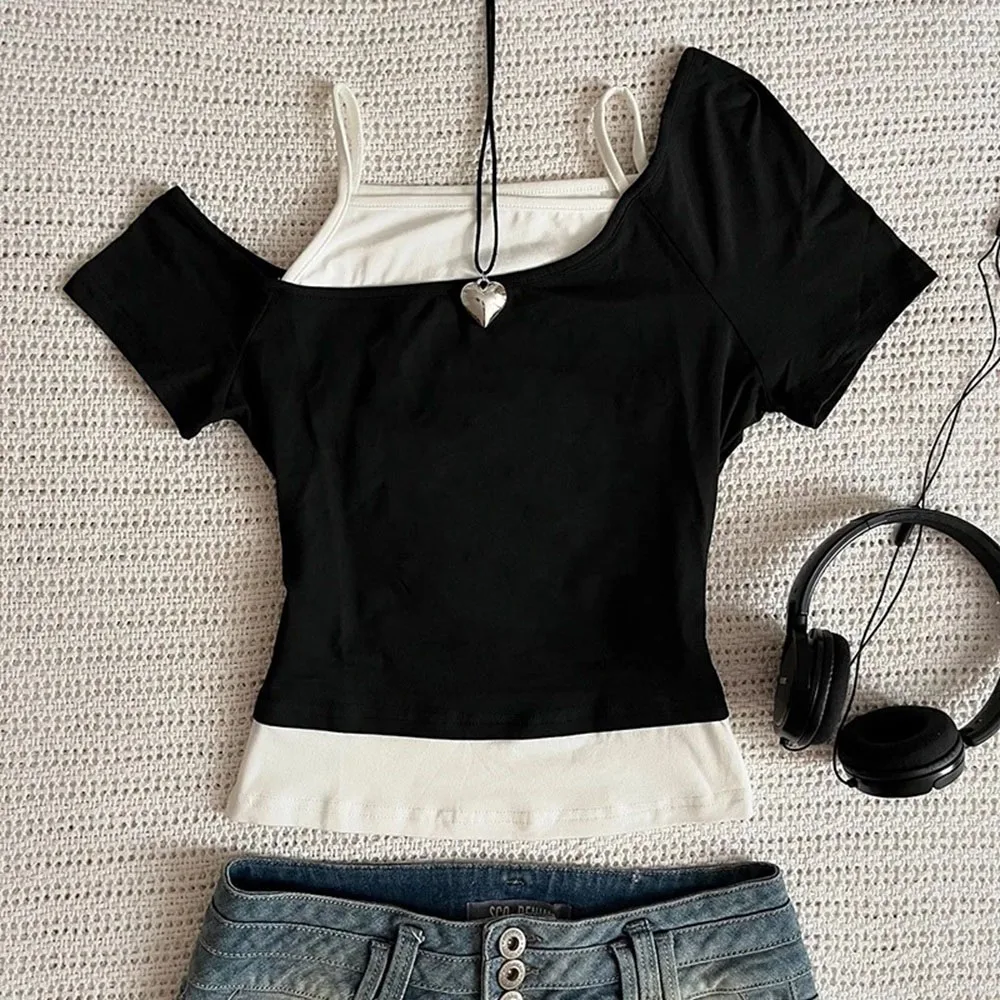 Y2k Slim Fit Solid color top Women Off Shoulder Short Sleeve Tee Shirt American Vintage Fake Two Piece Halter Lace Up T-shirts
